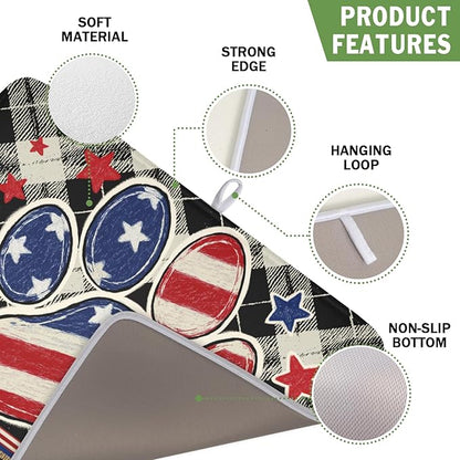 4th of July Dish Drying Mat 18x16 Inch, Patriotic Drying Mat with Absorbent Reversible Microfiber, Independence Day Dish Drainer Mats Memorial Day Rack Pad for Coffee Countertop Kitchen Protector