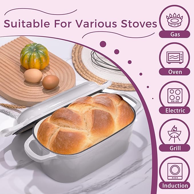 4.6-Quart Oval Dutch Oven for Bread Baking, 2 in 1 Cast Iron Bread Pan with Lid, Sourdough Bread Dutch Oven for a Crispy Crust, Oyster Grey
