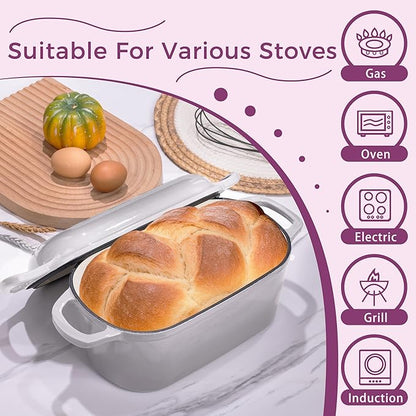 4.6-Quart Oval Dutch Oven for Bread Baking, 2 in 1 Cast Iron Bread Pan with Lid, Sourdough Bread Dutch Oven for a Crispy Crust, Oyster Grey