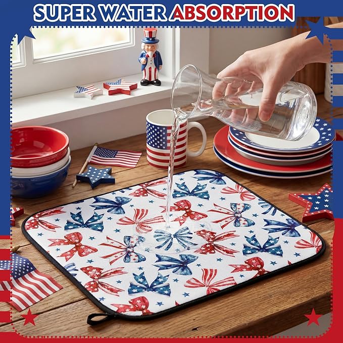 Breling Patriotic Dish Drying Mat 4th of July Kitchen Drying Mat 16 x 18 Inch Red Blue and White Bow Dish Pad Microfiber Non-slip Mats for 250th Anniversary Kitchen Decor Independence Day Accessories