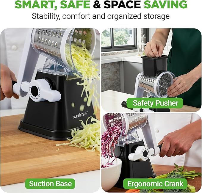 Nutrichef 3 in 1 Cheese Grater & Shredder | Strong Suction Base, Rotary Handle with Safety Lock | Includes Hand Crank & 3 Drum Blades for 3 Textures, Fine, Medium & Strips | Black - Image 7
