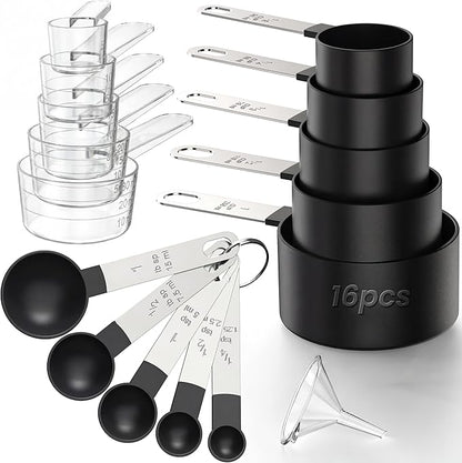 16PCS Measuring Cups and Spoons Set, Measuring Spoon Set with Metric and US Measurements, Fits for Measuring Dry and Liquid - Black by CreateHarmonyWithYourPet