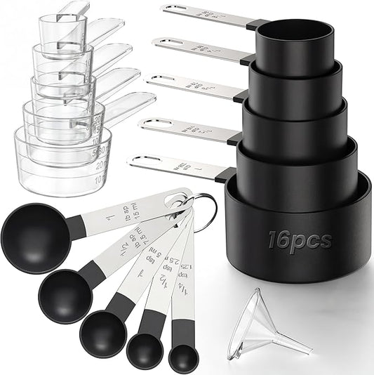 16PCS Measuring Cups and Spoons Set, Measuring Spoon Set with Metric and US Measurements, Fits for Measuring Dry and Liquid - Black by CreateHarmonyWithYourPet