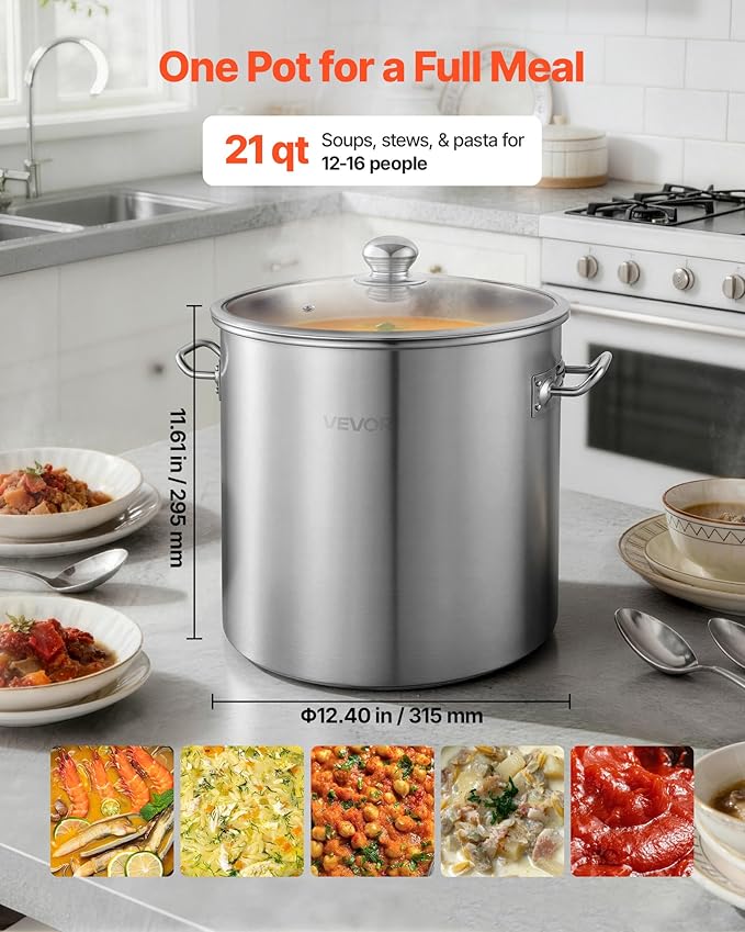 VEVOR Stainless Steel Stock Pot, 21-Quart Stainless Steel Stockpot with Glass Lid, PFOA-Free, PFAS-Free, Compatible with Gas Stoves, Induction Cooktops, Electric Stoves, for Soups, Stews, and Pasta - Image 5