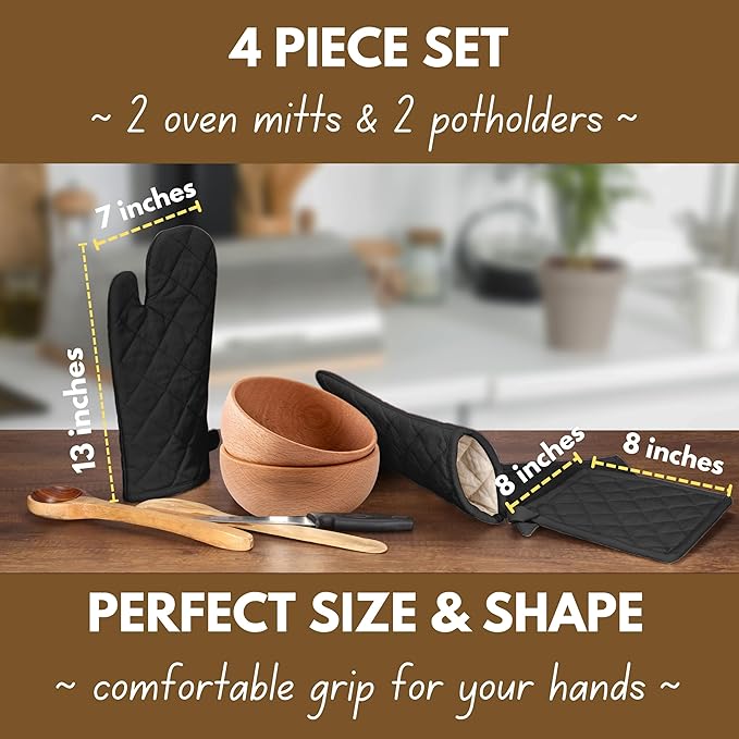 Native Fab Pot Holders and Oven Mitts Sets for Kitchen Heat Resistant - Hanging Non-Slip - 100% Cotton Kitchen Oven Mitts and Pot Holders 4-Piece Set - Black - Image 3