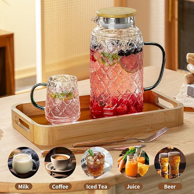 Buaic Glass Pitcher with Lid, 2 PACK 68 oz/2 Liter Vintage Water Pitcher With Serving Tray, Clear Borosilicate Glass Water Carafe for Cold Brew, Coffee, Lemonade, Iced Sun Tea,Beverage, Heat Resistant - Image 5
