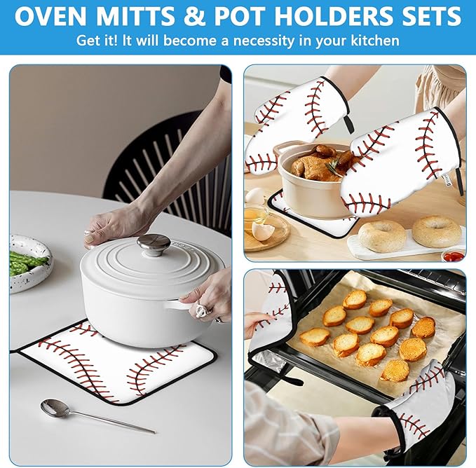 Baseball Oven Mitts and Pot Holders Sets Heat Resistant 4Pcs Potholders Oven Gloves Hot Pads for Kitchen Baking Cooking Grilling BBQ