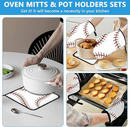 Baseball Oven Mitts and Pot Holders Sets Heat Resistant 4Pcs Potholders Oven Gloves Hot Pads for Kitchen Baking Cooking Grilling BBQ