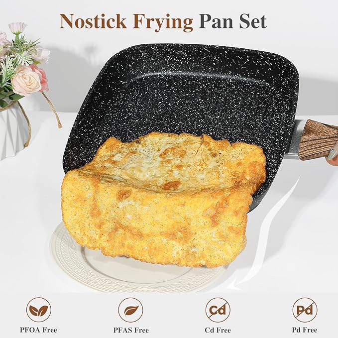 3 Pcs Pots and Pans Set, Nonstick & Non-Toxic Healthy Pots and Pans with Wooden Handle, Durable Skillet Indoor & Outdoor Use, All Stovetops Compatible, PFOA Free, Black