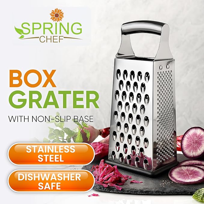 Spring Chef Professional Large Parmesan Cheese Grater, Stainless Steel Metal Box Grater with Handle, 4 Sided Handheld Kitchen Food Shredder for Cheese, Carrot, Veggie, Ginger, Potato - Dishwasher Safe - Image 2