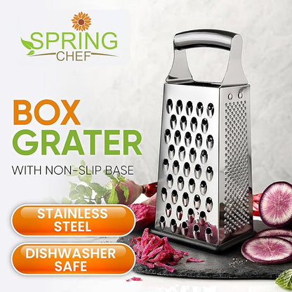 Spring Chef Professional Large Parmesan Cheese Grater, Stainless Steel Metal Box Grater with Handle, 4 Sided Handheld Kitchen Food Shredder for Cheese, Carrot, Veggie, Ginger, Potato - Dishwasher Safe - Image 2