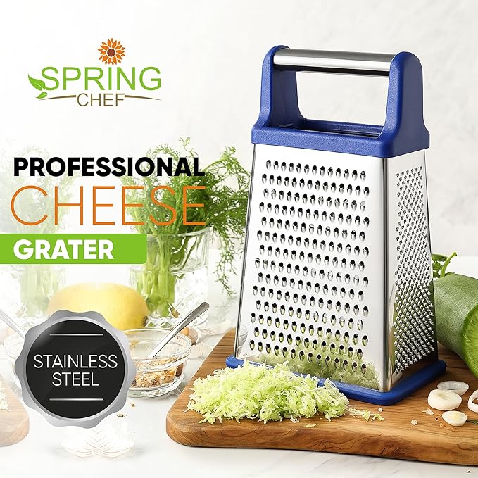 Spring Chef Stainless Steel XL Parmesan Cheese Grater with Handle - 4 Sided Metal Box Grater for Kitchen - Dishwasher Safe Potato Shredder for Hash Browns, Potato, Carrot, Vegetables - Sapphire - Image 2