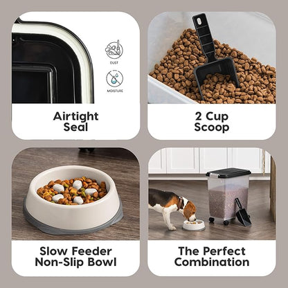 IRIS USA Airtight Dog Food Storage Container with 2-Cup Scoop and Slow Feeder Bowl Combo, Up to 30 lbs Pet Food Bin with Attachable Wheels, Anti-Slip Short Snouted Bowl, Easy to Clean, BPA Free, Black - Image 4