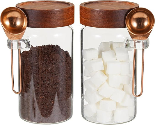 18oz Glass Coffee Jars with Scoop Wood Screw Lid Clear Round Spice Jar Herb Container Sugar Storage Bottle Canister for Seasoning Meal Prep Tea Coffee Ground Bean Salts (2×550ml(18oz)with spoon) by Patoper