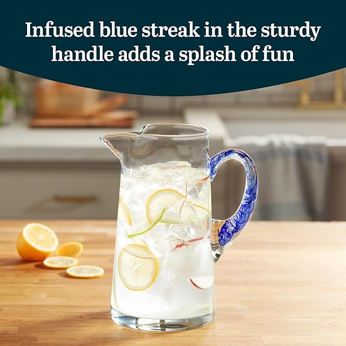 Libbey Cabos Large Glass Pitcher, 90 Oz Handcrafted Glass Water Pitcher with Spout and Blue Handle, Artisan-Inspired Water Carafe for Tables, Kitchen - Image 4