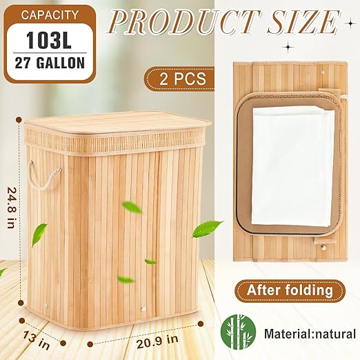 2 Pack 27 Gallon Bamboo Slim Trash Can with Lid Large Foldable Slim Rectangular Garbage Can Bamboo Waste Basket for Bathroom Bedroom Office Home Salon Spa (Wooden Color)