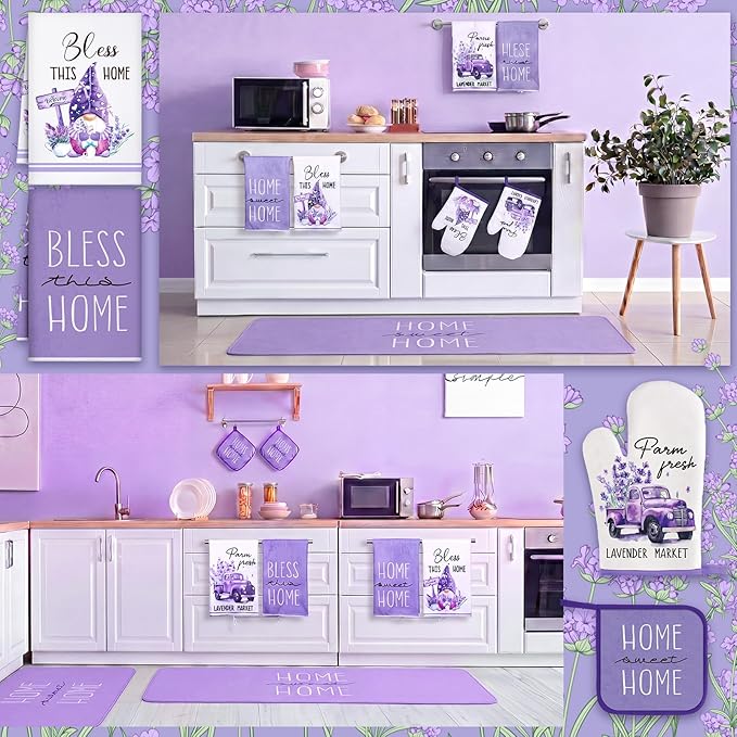 Fourluoo 10 Pcs Lavender Kitchen Decor Set Lavender Kitchen Towels Rugs Oven Mitts and Pot Holders for Cooking Baking Grilling Women Mom Gift