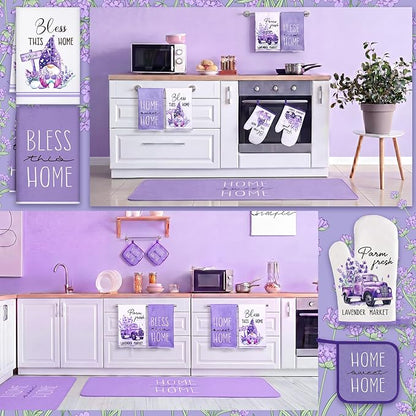 Fourluoo 10 Pcs Lavender Kitchen Decor Set Lavender Kitchen Towels Rugs Oven Mitts and Pot Holders for Cooking Baking Grilling Women Mom Gift