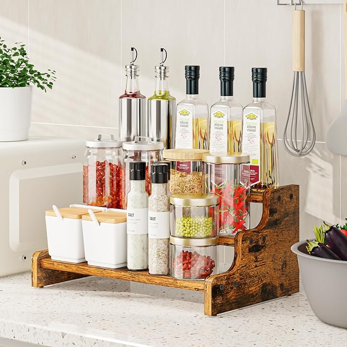 KLM 3-Tier Spice Rack, 13.8 Inch Wood Step Shelf Countertop Spice Storage Holder, Kitchen Pantry Cabinet Organizer Cupboard for Spice Bottles, Jars, Seasonings, Baking Supplies,Bathroom Organizer - Image 2