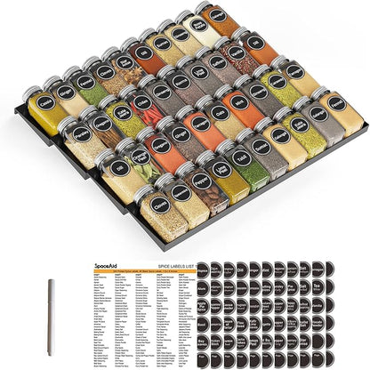 SpaceAid Spice Drawer Organizer with 40 Spice Jars, 386 Spice Labels, 4 Tier Seasoning Rack Tray Insert for Kitchen Drawers, 18.5" Wide x 17.5" Deep by SpaceAid