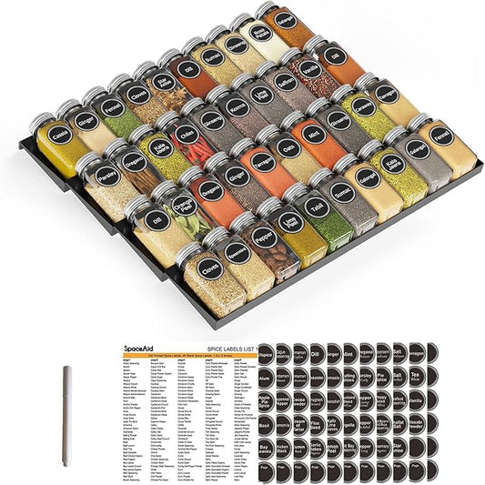 SpaceAid Spice Drawer Organizer with 40 Spice Jars, 386 Spice Labels, 4 Tier Seasoning Rack Tray Insert for Kitchen Drawers, 18.5" Wide x 17.5" Deep by SpaceAid