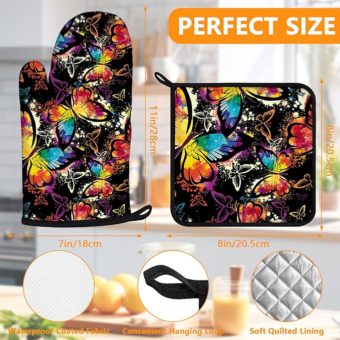 Colorful Butterfly Oven Mitts and Pot Holders Sets 4Pcs,Extra Long Oven Gloves Potholder for Kitchen Cooking Baking BBQ 100% Cotton Heat Resistant - Image 2