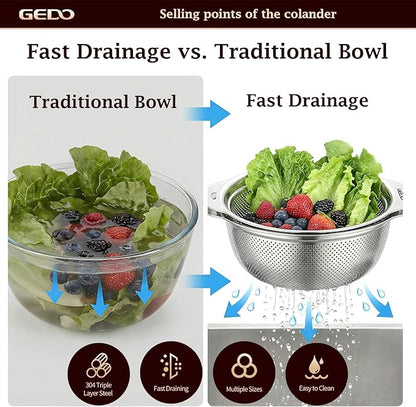 GEDO 304 Stainless Steel Colander Set, 3 Pack Kitchen Food Strainer with Handles, Nestable Metal Colanders for Washing Vegetables Fruits, Draining Pasta, Rinsing Rice, Dishwasher Safe Sink Strainer