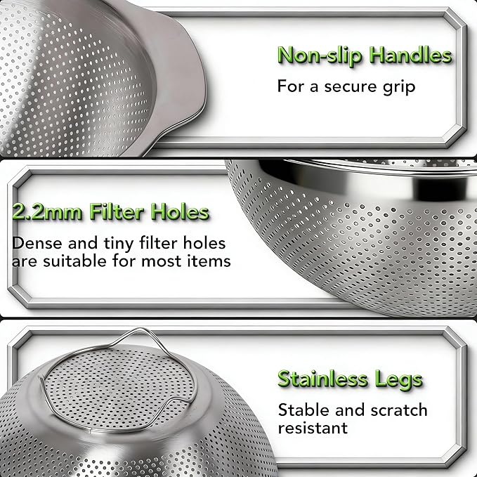 304 Stainless Steel Colander, 5 QT Large Capacity and 5QT Mixing Bowl, 2mm Micropore Strainer for Washing Rice, Fruit, and Veggies, Perfect Draining for Cooked Pasta - Image 5