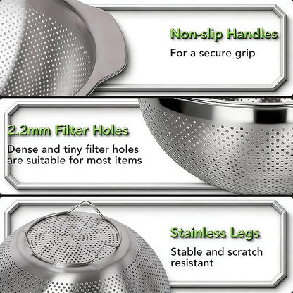 304 Stainless Steel Colander, 2.5 QT Capacity and 2.5 QT Mixing Bowl, Micropore Strainer for Washing Rice, Fruit, and Veggies, Perfect Draining for Cooked Pasta - Image 6