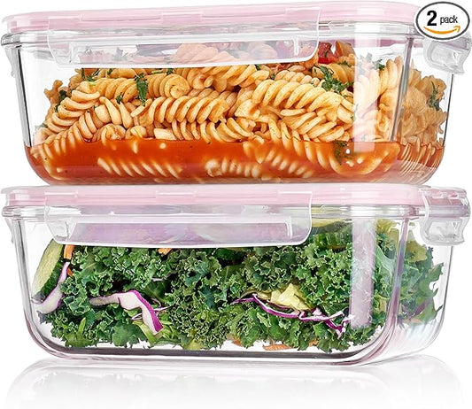 Vtopmart 2Pack 1860ml/63oz Large Glass Storage Containers with Lids, Meal Prep Food Container Set with Snap Airtight Lid for Baking, Microwave, Oven, Leak Proof, for Freezer, Dishwasher, Pink