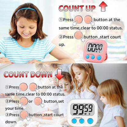 Timer for Kids Teachers Digital Kitchen Timers for Cooking Large Magnetic Classroom Timer 4Pack-White Pink
