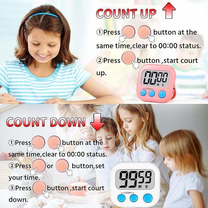 Timer for Kids Teachers Supplies Digital Kitchen Timers for Cooking Large Magnetic Classroom Timer 2Pack-White Pink