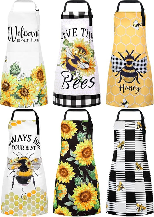 Bencailor 6 Pcs Spring Kitchen Aprons with Pockets Flower Rooster Bee Butterfly Sunflower Summer Aprons Bulk for Women(Yellow, Black, White,Sunflower Bee) by Bencailor
