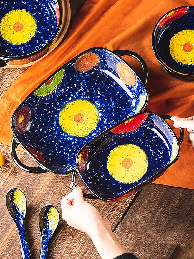 Vintage Style Pottery Bakeware Colorful Daisy Pattern Ceramic Casserole Dish Baking Pan Lasagna Pans Baking Dish with Handles from Oven to Table Plate-1 PCS, 60 OZ - Image 5