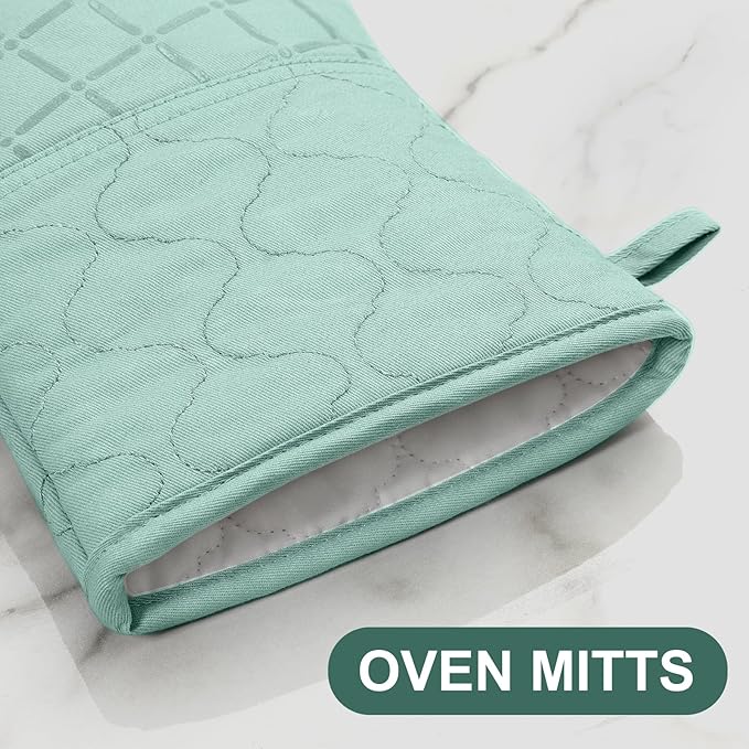 Oven Mitts Pot Holders Sets/Kitchen Towels and Dishcloths, Oven Gloves Kitchen Dish Towels 500 Degree Heat Resistant Potholders with Non-Slip Silicone Surface for Cooking, Grilling, Baking-Mint Green - Image 3