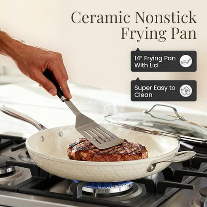 GOTHAM STEEL HAMMERED 14 Inch Non Stick Frying Pans with Lid, Extra Large Frying Pans Nonstick Cooks Family Sized Meals, Non Toxic PFOA Free, Induction Ready, Oven and Dishwasher Safe