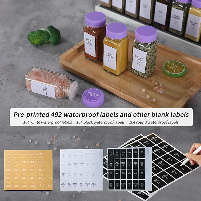 24 Glass Spice Jars with Labels, Spice Jar Set, 4oz Spice Containers, Seasoning Containers with Purple Airtight Lids and Shaker Lids, Square Empty Spice Bottles, 492 Labels, 1 Funnel - Image 7