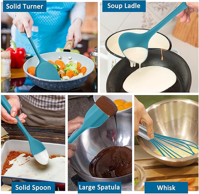 Silicone Cooking Utensils Set of 10, Kitchen Utensils Set for Cooking, 446°F Heat Resistant Silicone Kitchen Tools with Turner Spatula, Soup Ladle, Serving Spoons, Tongs for Nonstick Cookware - Blue
