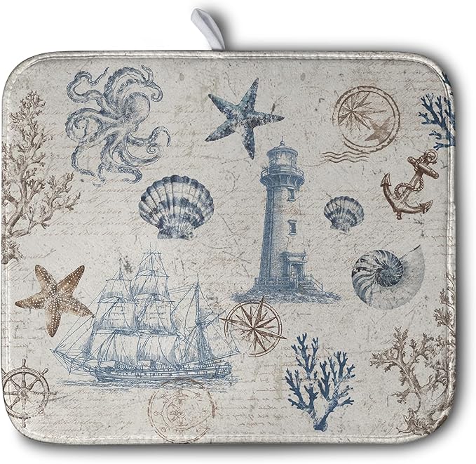 Nautical Coastal Dish Drying Mat for Kitchen Counter Summer Ocean Sailboat Starfish Seashell Absorbent Microfiber Dish Mat Reusable Washable Dish Drainer Rack Mat 16x18 Inch by Kwlegh