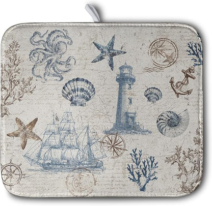 Nautical Coastal Dish Drying Mat for Kitchen Counter Summer Ocean Sailboat Starfish Seashell Absorbent Microfiber Dish Mat Reusable Washable Dish Drainer Rack Mat 16x18 Inch by Kwlegh