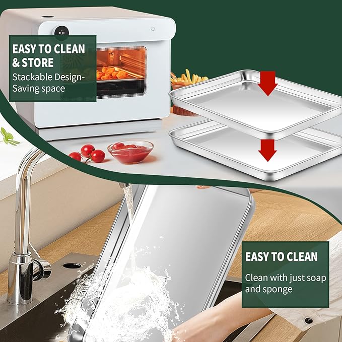 CEKEE 4 PCs Small Baking Sheet With Wire Rack Set [2 Pans + 2 Cooling Racks], 10 Inch Stainless Steel Tray - Rust & Warp Resistant, Easy Clean - Image 6