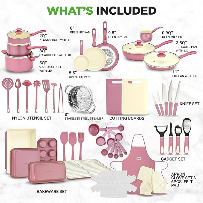 NutriChef 54-Piece Kitchen Cookware Set – Complete Non-Stick Ceramic Pots and Pans Set with Utensils, Bakeware, and Knife Set, Gas, Electric & Induction Compatible, Blush Pink Kitchen Essentials - Image 2