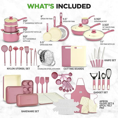 NutriChef 54-Piece Kitchen Cookware Set – Complete Non-Stick Ceramic Pots and Pans Set with Utensils, Bakeware, and Knife Set, Gas, Electric & Induction Compatible, Blush Pink Kitchen Essentials - Image 2