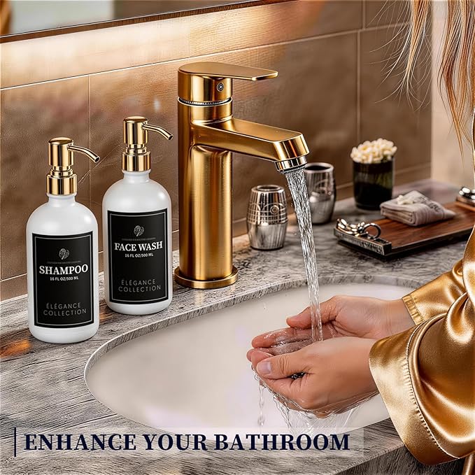 White Glass Soap Dispenser Set of 2, 16oz Hand and Dish Soap Dispenser for Kitchen & Bathroom, Gold Stainless Steel Pump, Non-Slip Base, 14 Waterproof Labels, Contemporary Style - Image 7