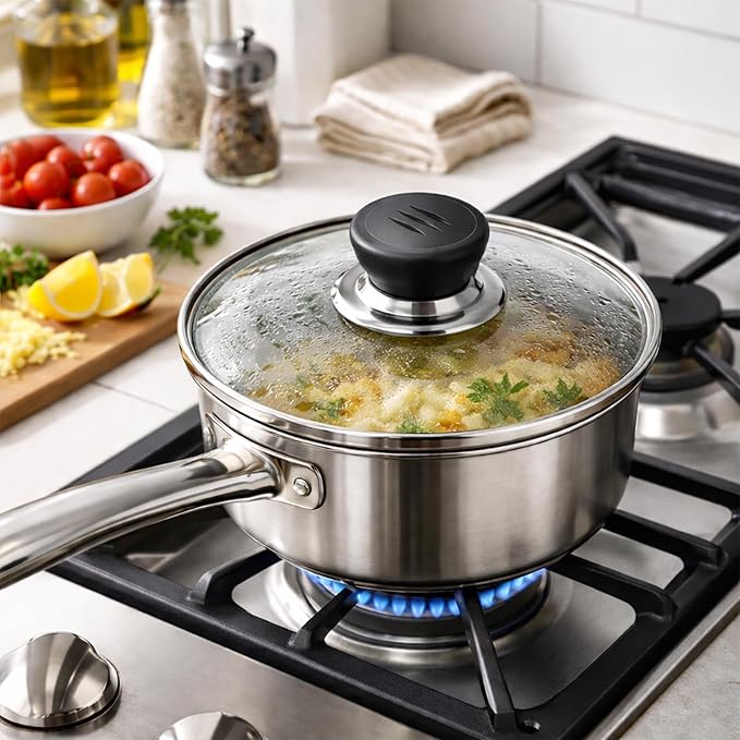 8 Inch Glass Lid for Frying Pan – Tempered Transparent Pot Lid with Stainless Steel Rim & Heat-Resistant Handle, Fits 8″ Skillet, Pan, Wok – Durable See-Through Cookware Cove