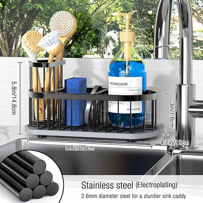 Sponge Holder for Kitchen Sink with High Brush Holder, [Stay-Dry Anywhere & No Drainage Needed] Rustproof Stainless Steel Kitchen Sink Caddy Organizer with Water Absorbing Stone Tray, Black - Image 2