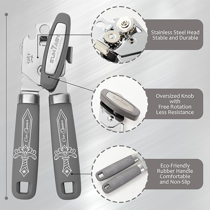 Manual Can Opener with Magnet, Heavy Duty Hand Can and Bottle Opener with Stainless Steel Blade and Rubber Grip, Smooth Cutting Hand Can Openers for Senior, Magnetic Lid Remover Kitchen Tool (Gray)