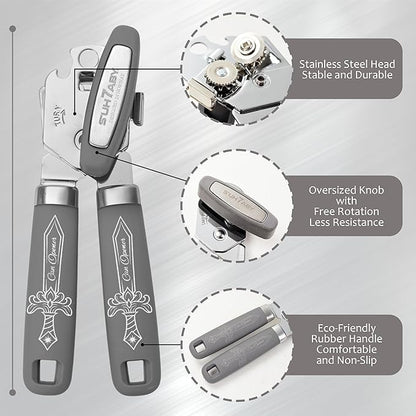 Manual Can Opener with Magnet, Heavy Duty Hand Can and Bottle Opener with Stainless Steel Blade and Rubber Grip, Smooth Cutting Hand Can Openers for Senior, Magnetic Lid Remover Kitchen Tool (Gray)