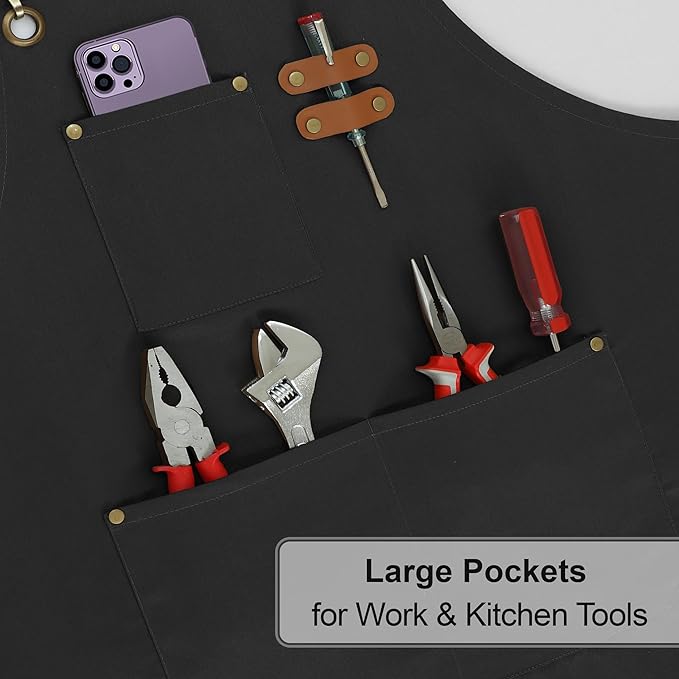 RUVANTI Work Aprons for Men, Oil & Water Repellent, PolyCotton Cross Back Aprons for Women with Pockets, Adjustable up to XXL, Chef Aprons for Cooking, Grilling, Welding, Woodworking - Black Aprons