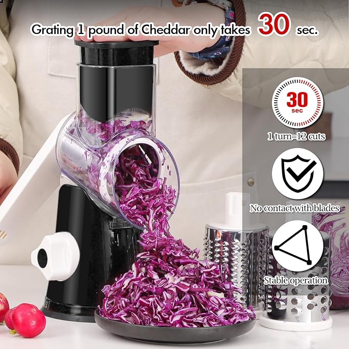 Ourokhome Rotary Cheese Grater Hand Crank, Kitchen Shredder Speed Mandolin Slicer Ice Shaver with Handle and Drum Blades for Cheese, Vegetable, Nuts, Chocolate, Potato, Carrot, 5 Blades, Black - Image 6